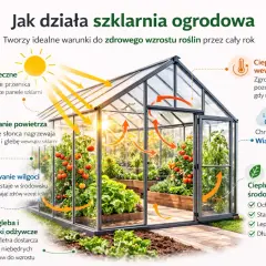 Szklarnia ogrodowa z dojrzałymi pomidorami i sałatą, ilustrująca działanie promieni słonecznych, ogrzewanie, wilgotność i ochronę przed zimnem.