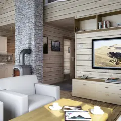 Przytulny domek letniskowy aranżacja wnętrza: białe sofy, kamienny kominek, kuchnia i salon z TV.