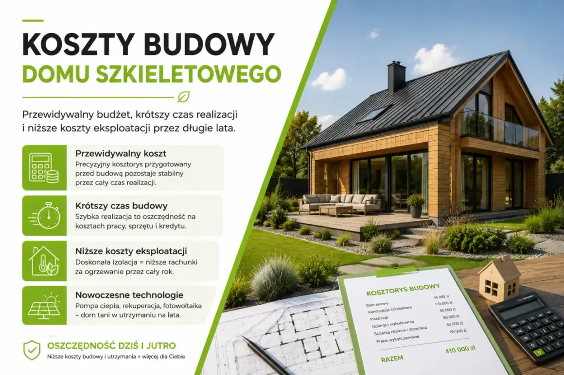 Nowoczesny dom szkieletowy z drewnianą elewacją i dużymi oknami. Obok kosztorys budowy, kalkulator i makieta domu.